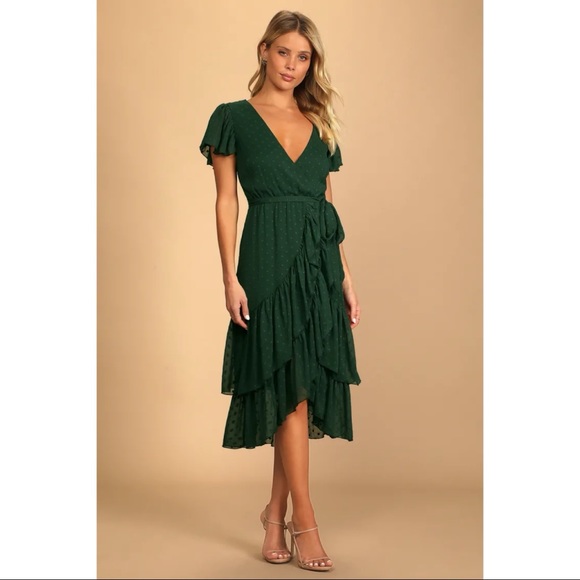 Lulus Dresses & Skirts - NWOT Lulus Have Harmony Dark Green Swiss Dot Ruffled Faux Wrap Midi Dress Large